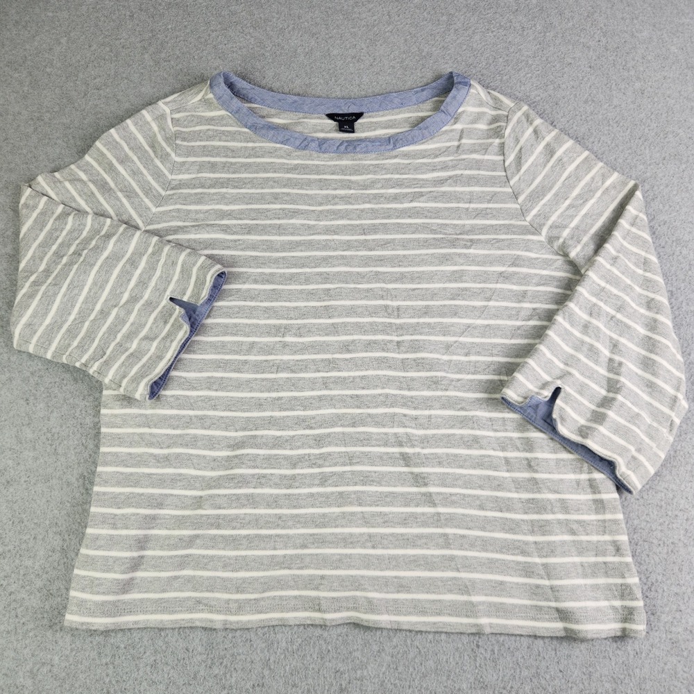 Nautica Shirt Top Womens XL Gray White Striped Cotton Casual Long Sleeve Outdoor